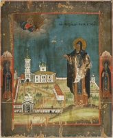 Преподобный Александр Ошевенский с видом монастыря