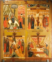 Four-part icon: the Entrance into Jerusalem, the Crucifixion, the Descent from the Cross, the Laying in the Tomb