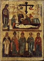Double icon. The Entombment. The Holy Virgin with the Selected Saints
