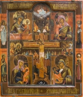 Crucifixion with four standing saints and four icons of the Holy Virgin